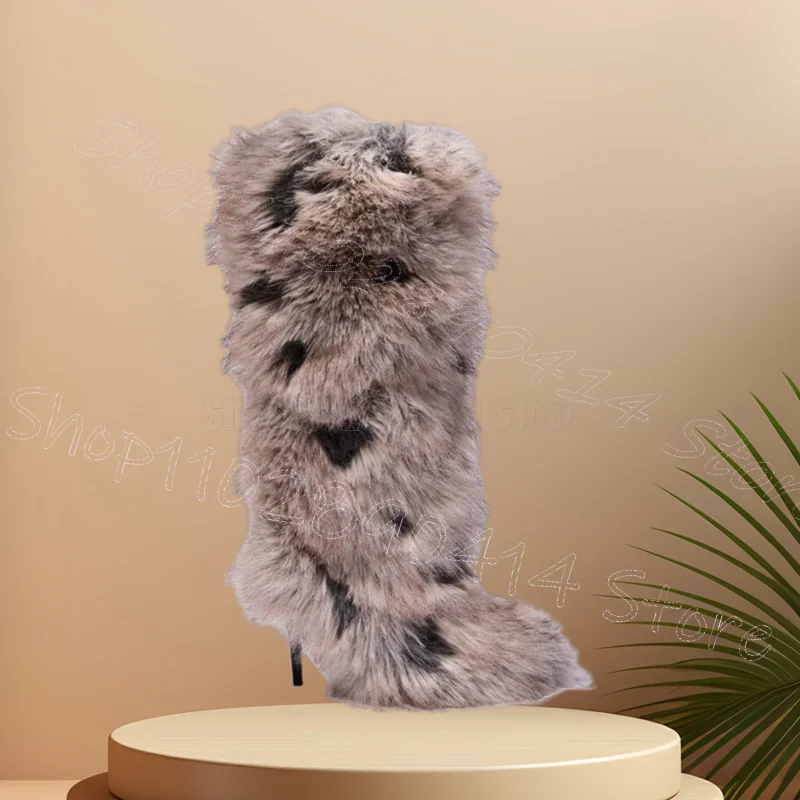 

Mixed Color Splicing Fur Pointed Toe Boots Slip On Women Shoes Thin High Heels Fashion Party Banquet 2025 Zapatos Para Mujere