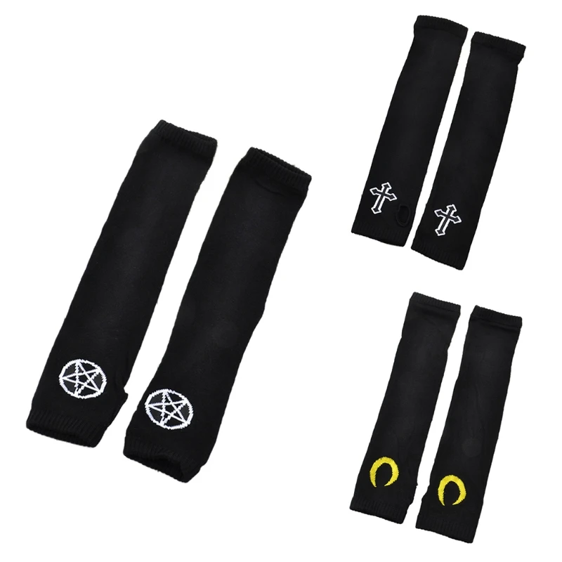 Punk Gothic for Cross Gloves Fingerless Arm Sleeves Long Arm Warmer Half Finger Gloves Knit Arm Covers Cosplay Gloves