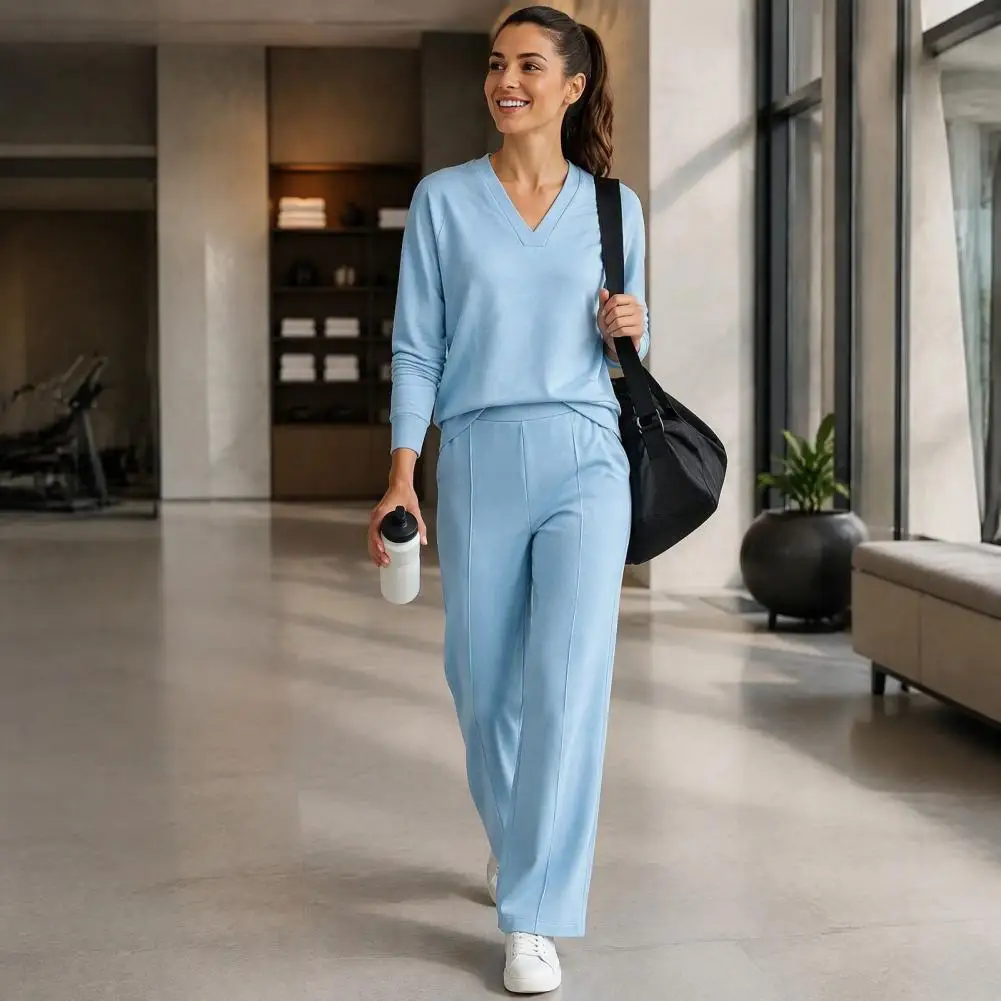 Women Sweatshirt Pants 2-Piece Set, V-Neck Long Sleeve Top & Wide Leg Trousers with Elastic Waist, Solid Color Matching Lounge S