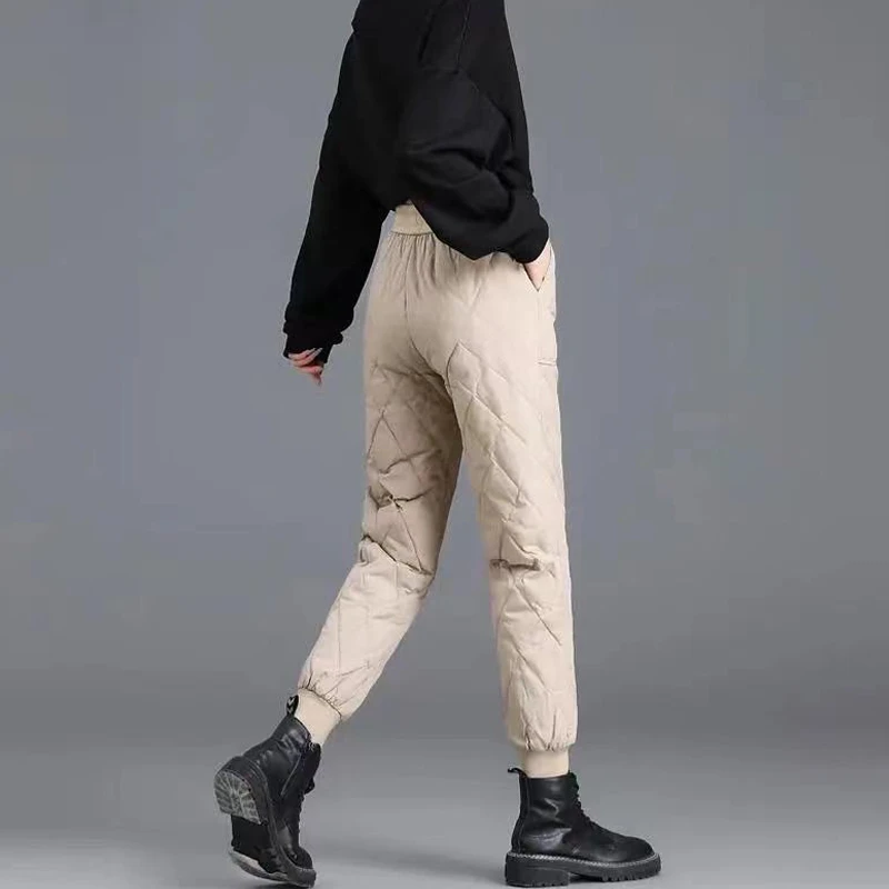 

Winter Ultra Light Warm Down Cotton High Waist Street Straight Trousers Women Fashion Thick Casual Black Outdoor Windproof Pants