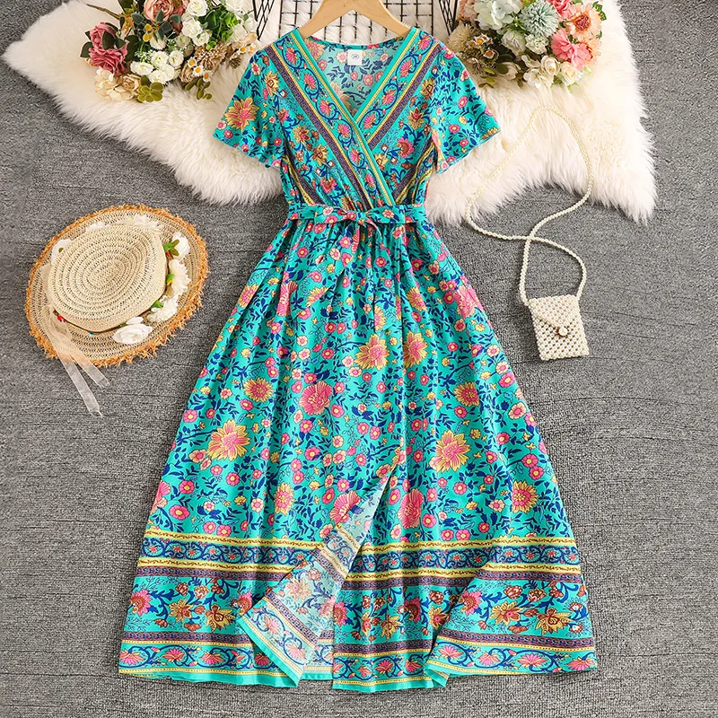 

2025 New Arrival Girls Short Sleeve V Neck Print Loose Green Cute Holiday Night Party Princess Girls Dress Custume 8-12T