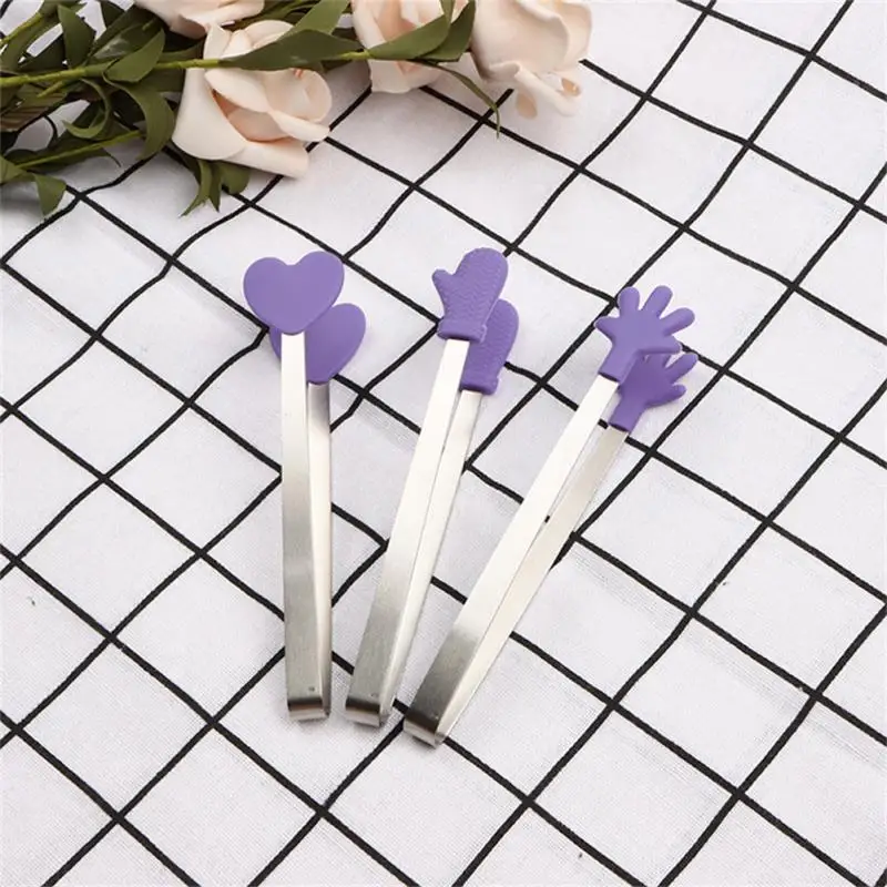 1/3pc Silicone Mini Tongs Stainless Steel Hand Shape Food Tongs Kitchen Barbecue Steak Frying Clip Barbecue Snack Ice Candy Clip