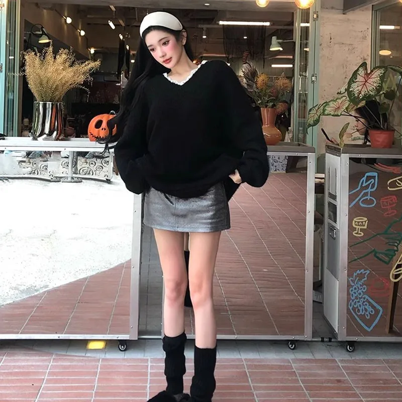 Maglione da donna sexy con scollo a V e grande fiocco, top in maglia allentata di fascia alta pigro ed elegante francese