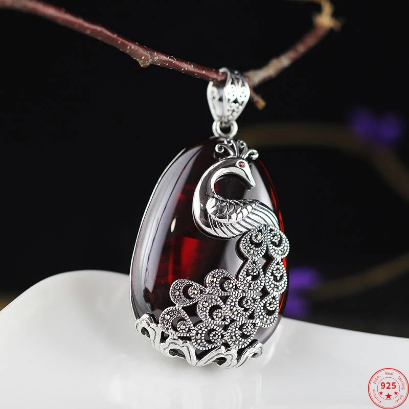 

S925 Sterling Silver Pendant for Women New Fashion Hollow Peacock Inlaid Garnet Marcasite Ethnic Style Jewelry Free Shipping