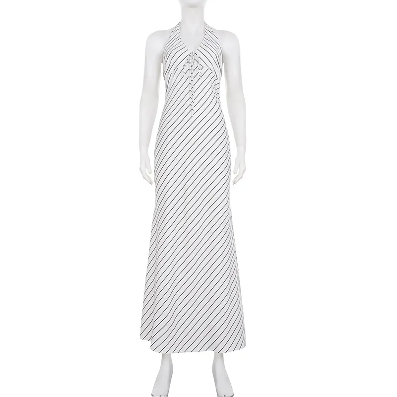 Ticketsx Striped Contrast Long Dress Women's Hollow Halter Lace Up V Neck Sleeveless Slim Dress Female Casual Holiday Long Dress