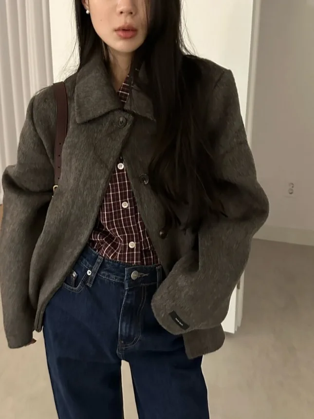 

Retro Lapel Long Sve Woolen Coat Chic Winter Loose Fit Hong Kong Sle Women's Faionable Outerwear Premium Quali Fabric