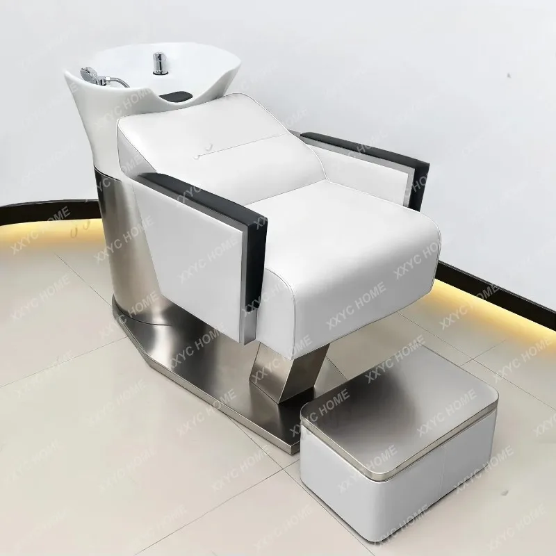 XXhairdresser ceramic basin shampoo bed barber shop stainless steel semi-reclining flushing bed hair salon special