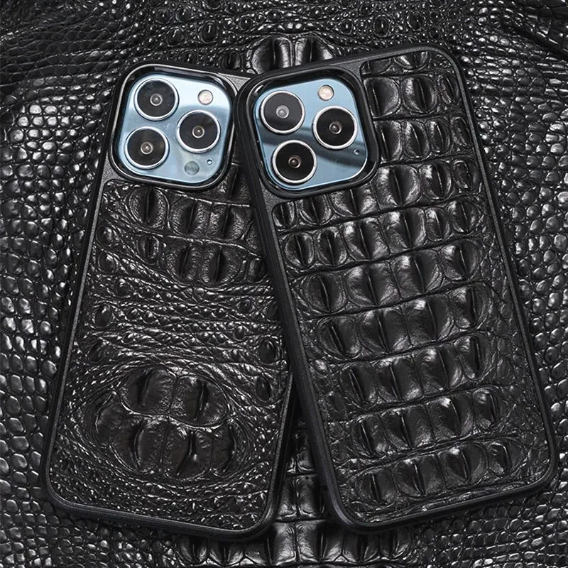 

Original Crocodile Real Leather Case for iPhone 16 15 14 Pro Max 13 Genuine Alligator Skull Tail Military Full Armor Back Cover