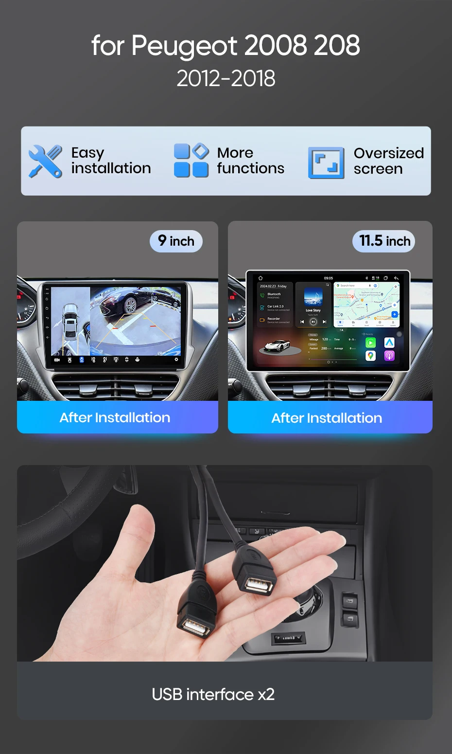Junsun Kabelloses Carplay für Apple Auto-Autoradio für Peugeot 2008 208 2012-2018 Kabelloses CarPlay Android Auto 4G WiFi DAB+ DSP RDS BT SWC IPS-Bildschirm GPS-Navigation Auto-Stereoanlage Autoradio – Detail 3