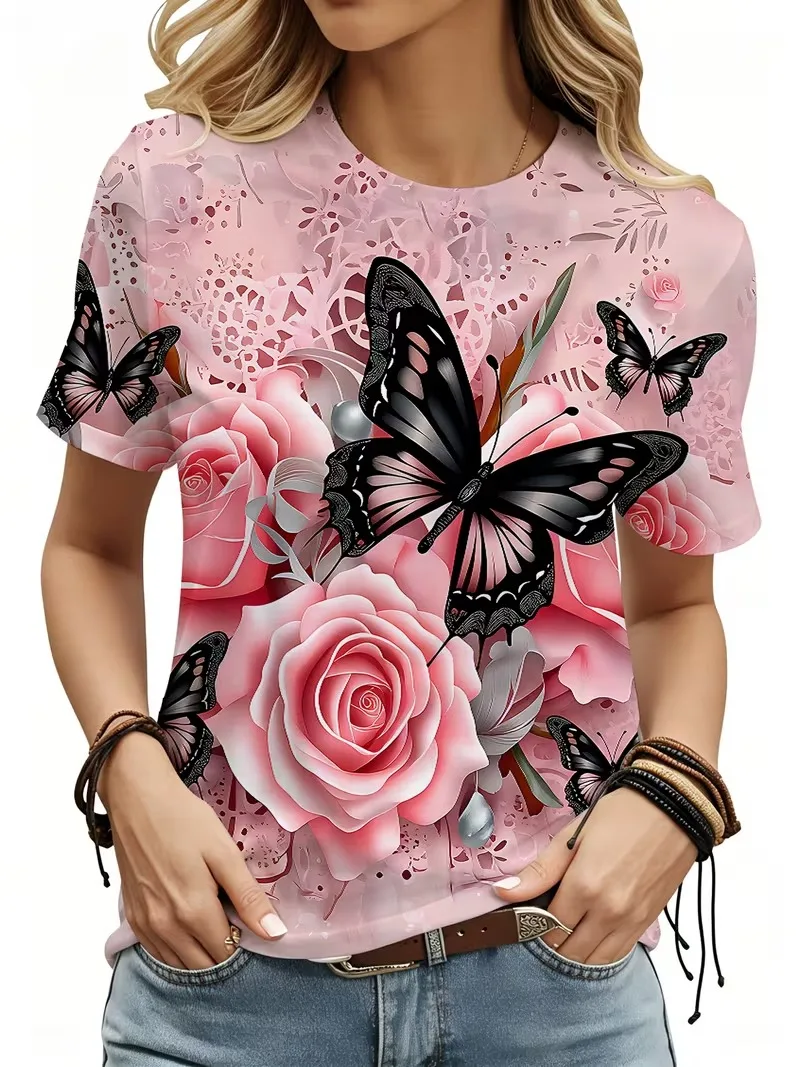 Fashion 3D Butterfly Print T Shirt For Women High Quality Summer Short Sleeve Tee Casual O-neck Loose Short Sleeve Women Clothes