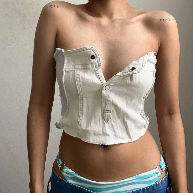 

Strapless Top Corset Women's Tube Top White Button Off Shoulder Sleeveless Top Summer Tank Top Vest Basic Tops Sexy Crop Top