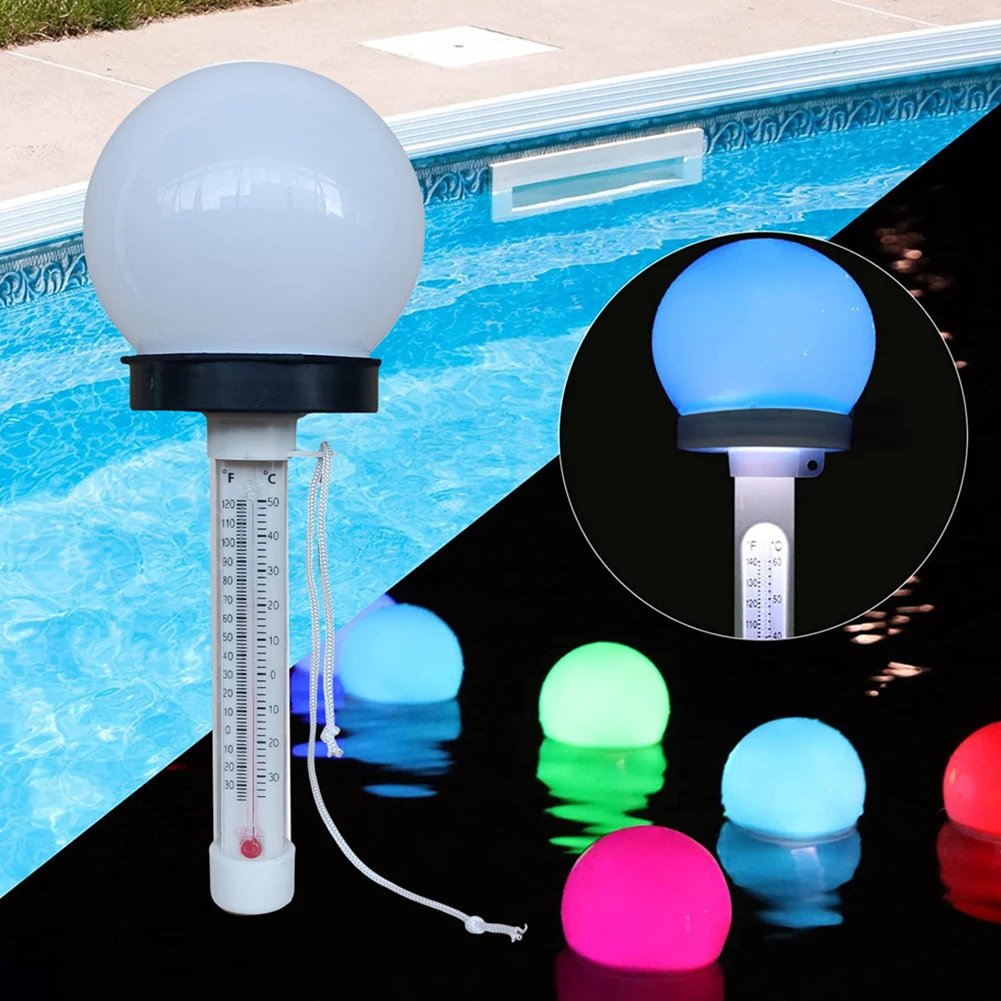 Floating Pool Thermometer with Solar LED Light Waterproof Wireless Pool Thermometer Multifunction for Cold Plunge Spa Pond