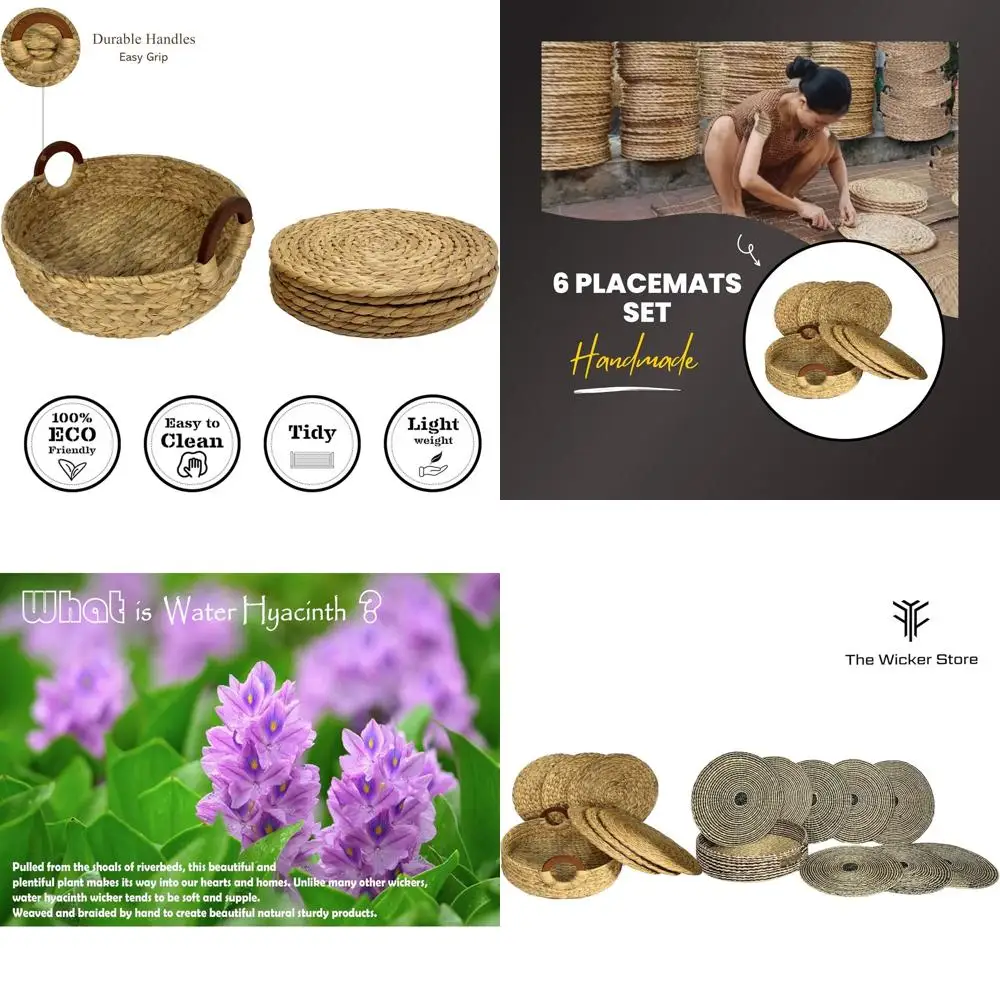 

6-Piece Natural Wicker Placemats with Wooden Handles, Handcrafted in Vietnam, for Dining, 14 Water Hyacinth