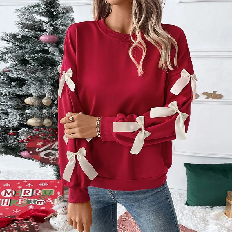 Women Sweatshirts Solid Hoodies Bow Cotton Linen Long Sleeve Round Neck Slight Strech Loose Fit Casual Office 2026 Autumn Winter