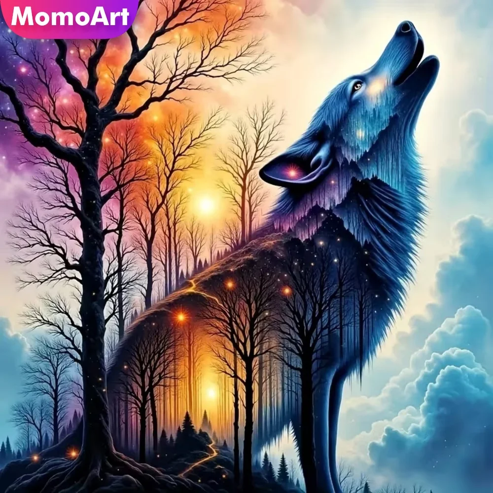 Momoart Diamant-Mosaik Wolf Tier DIY Diamantmalerei Baum-Sets Strass-Bild Kreuzstich Hund Handgemachtes Einzigartiges Geschenk