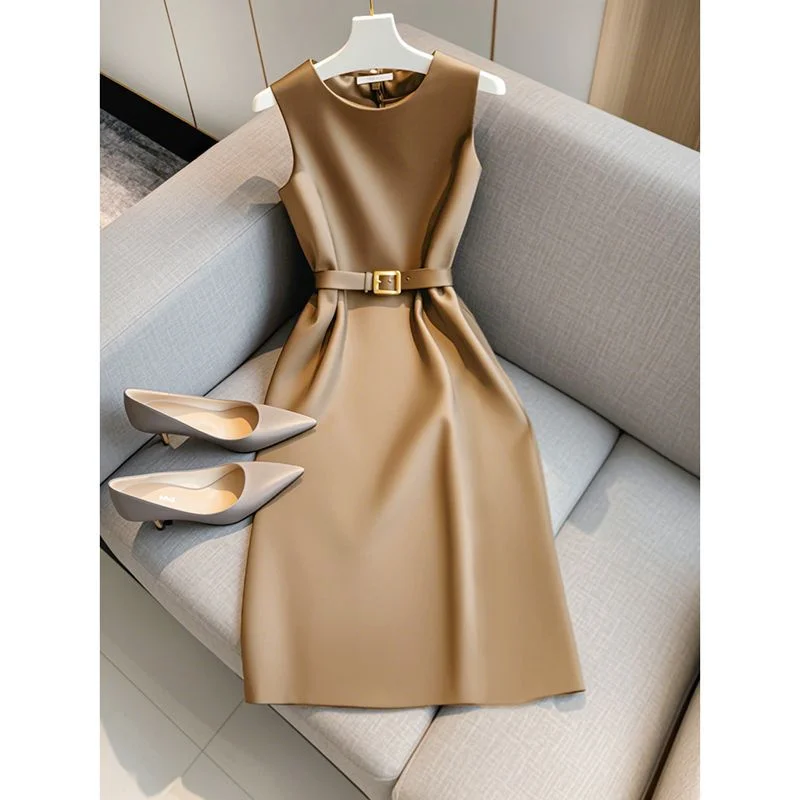 Elegant Women\'s Formal Dress With Belt Summer New Fashion Solid Color O-Neck Sleeveless High Waist OL Midi Party Vestidos