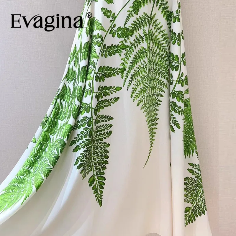 Evagina Zielony nadruk Romantyczna codzienna podstawowa sukienka w stylu wakacyjnym dla kobiet Długie bawełniane sukienki bez rękawów z paskiem