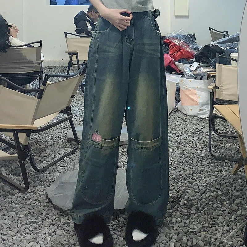 

PBAP Embroidery Pockets Women Baggy Jeans Vintage Washed High Waist Whiskers Straight Wide Leg Pant Trendy Korean Streetwear