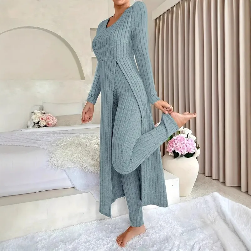 Autumn Winter Knitted Women's Two-piece Set Casual Comfortable Slit Hem Long Top with Pants Set Ladies Fashion Home Clothing