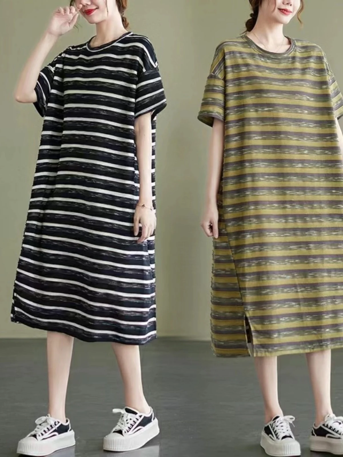 Retro Gestreifter Damenrock Sommer Neu Große Größen Locker Sitzend Figurformend Schlank Machend Midi Gerader Rock Künstlerisch Elegant