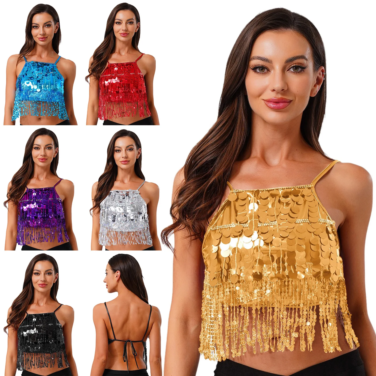 Womens Glanzende Pailletten Latin Buikdans Crop Top Kwastje No-pad Backless Lace-up Bh Tops Salsa Samba Cha-cha Prestaties Kostuum