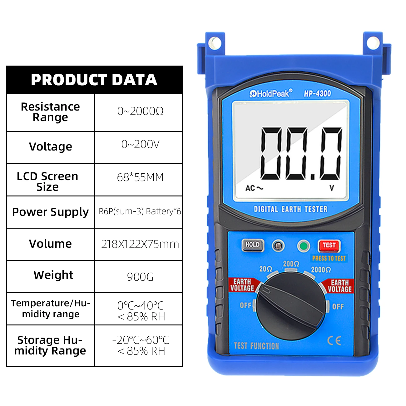 HoldPeak HP-4300 Ground Resistance Tester LCD Digital Earth Resistance Voltage Megohmmeter Voltmeter