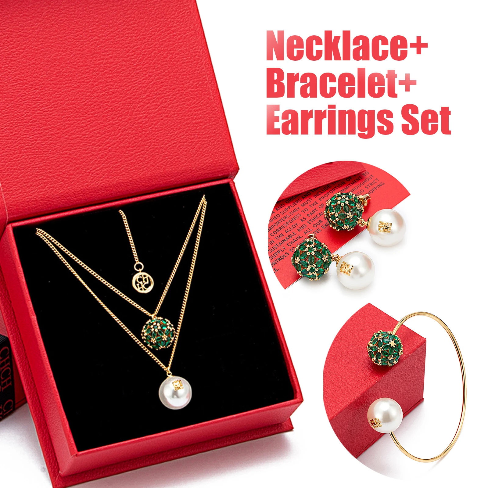 

2025 Forest Green Pearl Set 3Pcs Adjustable Diamond Necklace 40-45cm Green Pearl Earrings Bracelet Daily Luxury Gift Red Box Set