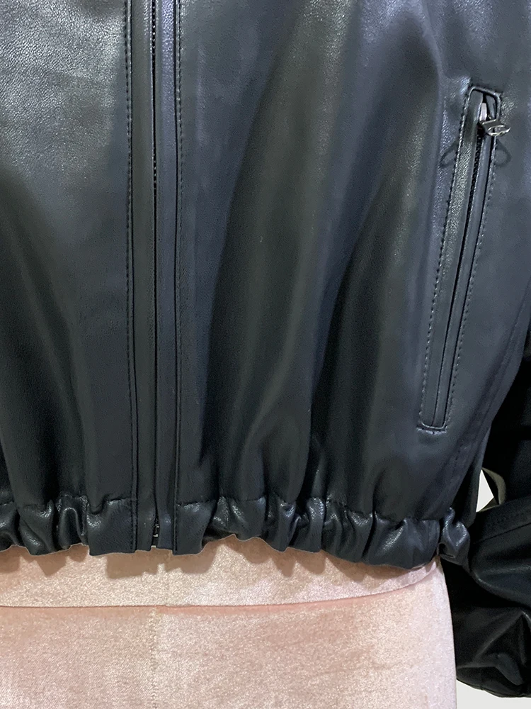 Mauroicardi 여성용 시원한 짧은 방수 블랙 PU 가죽 재킷, 후드, 긴팔 지퍼, 럭셔리 디자이너 의류, 용수철, 2024