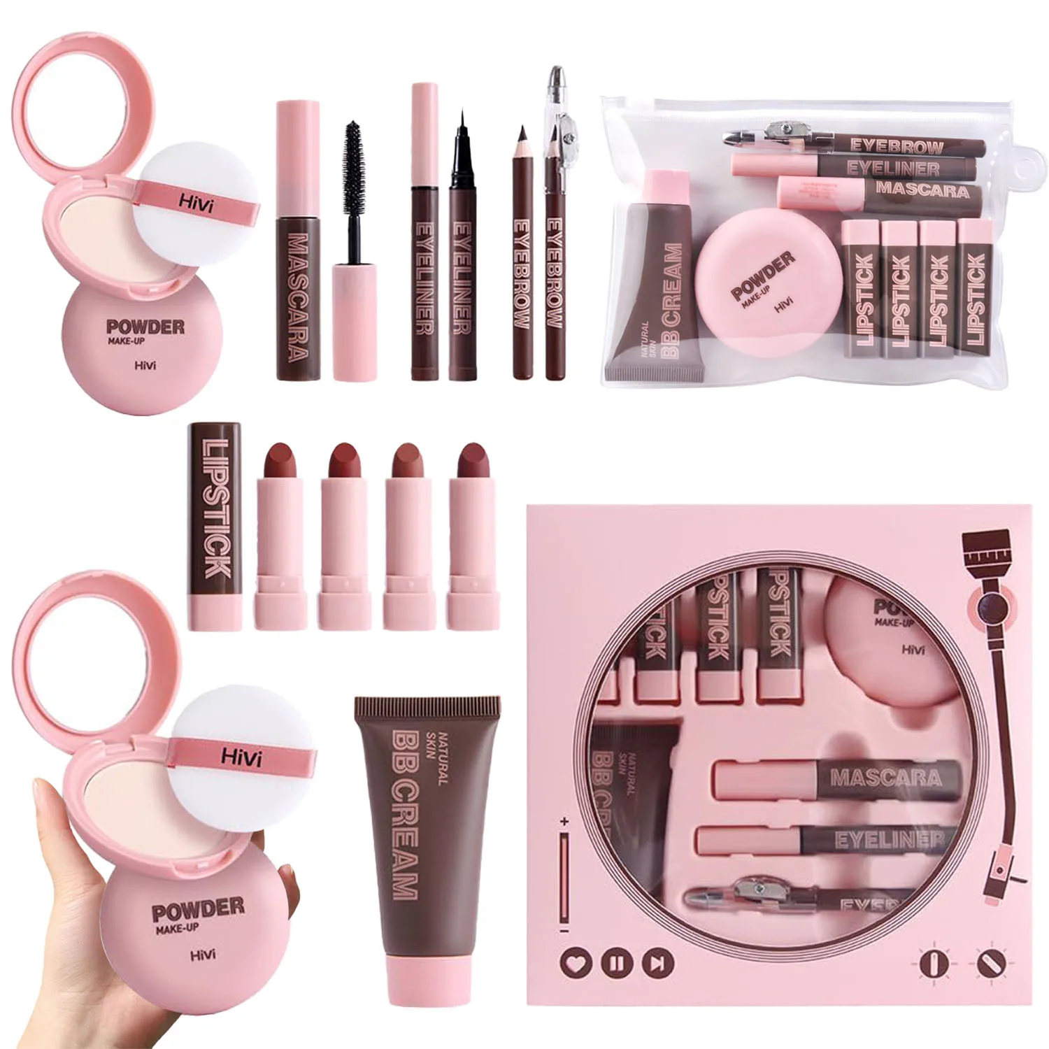 Set trucco da nove pezzi, fondotinta correttore leggero, fard impermeabile, rossetto color pop, eyeliner, matita per sopracciglia, mascara