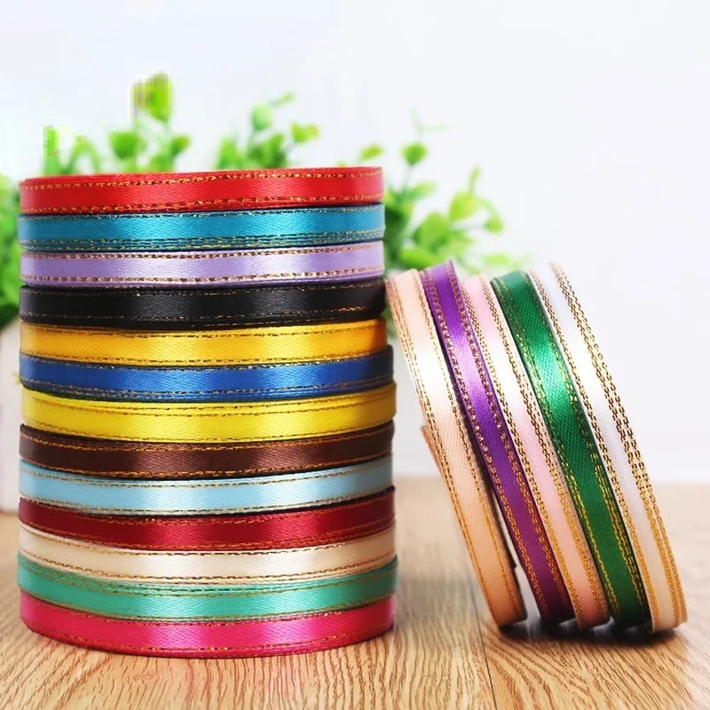 22meters/roll Width 6mm Gold Edged Single Face Satin Ribbon Wedding Flower Bouquet Gift Packing Christmas Decoration Manual DIY