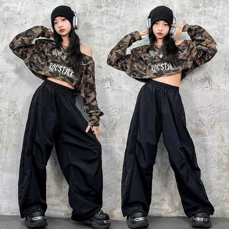Traje Kpop para niñas, ropa de actuación de baile de Jazz, Top de camuflaje, pantalones sueltos negros, traje de baile callejero, Ropa de baile de Jazz para niños 2292