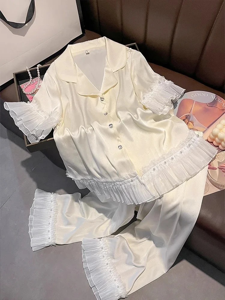 New high-quality sleepwear, short sleeved pants, mulberry silk home suit set, thin lace sleeves