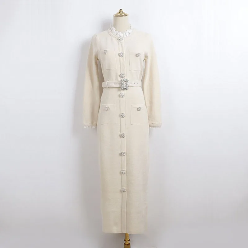 Langes Spitzen-Strickkleid mit Fransen, langärmelig, Bohrknopf, A-Linien-Rock mit Gürtel, schmale Partykleider, Herbst, elegante Damenbekleidung