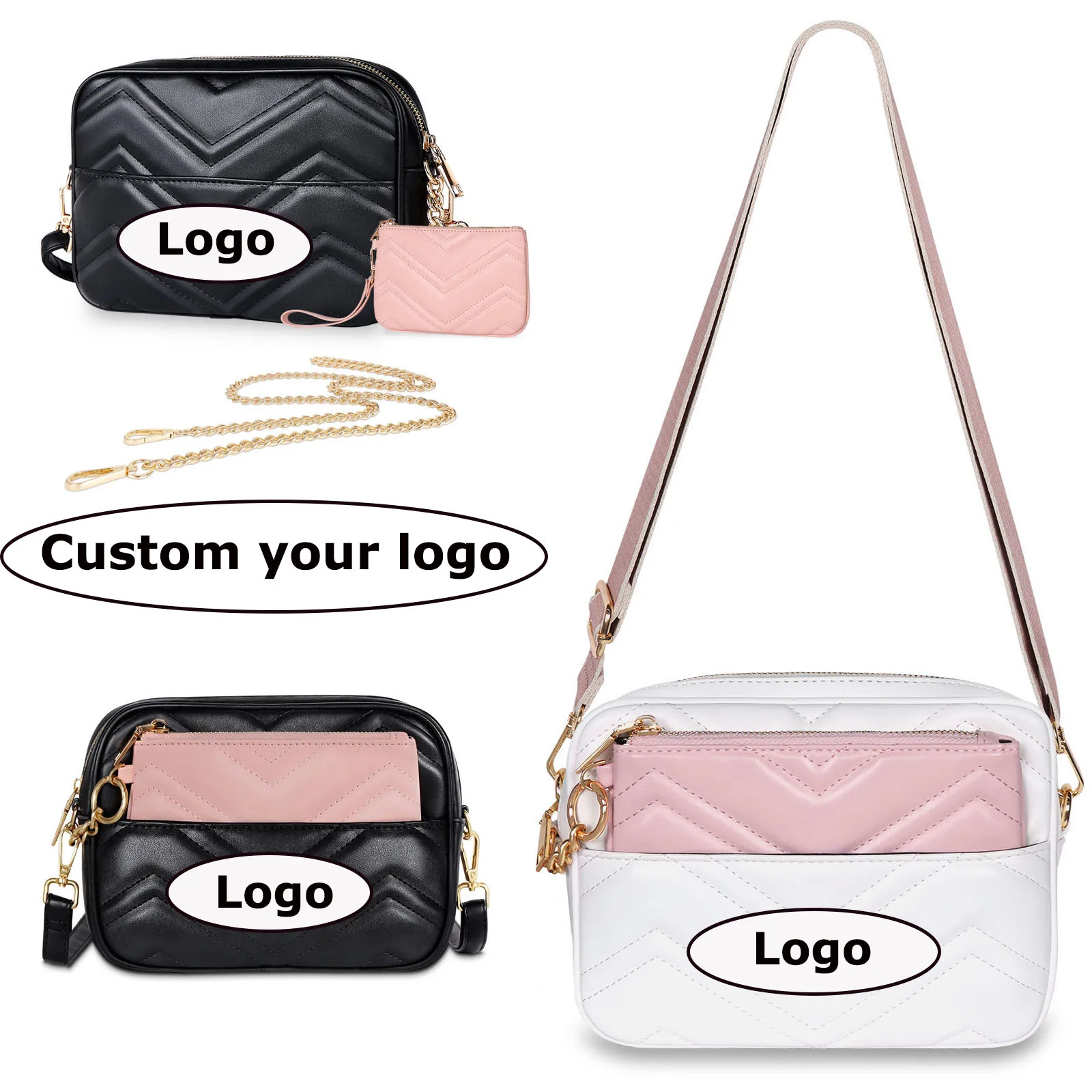 Gepersonaliseerde unieke damestas Crossbody lederen schoudertas Aangepast logo Exclusieve handtas met mini muntzakje Bruiloftspakket
