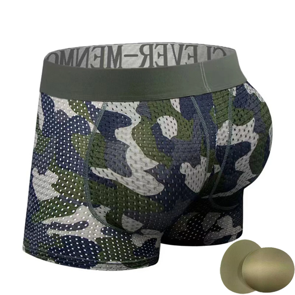 

2024 Men's Underpant Sports Breathable Mesh Panties with Buttocks Lifting Sponge Pad Sexy Large Man Boxer Trunks Camouflage