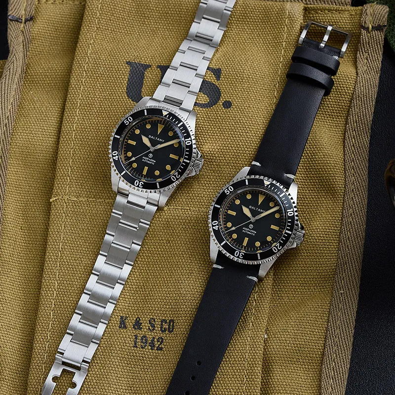 Baltany Vintage MilSubmariner Watch Rotation Bezel Brushed Bracelect Luminou Leather Sapphire 20ATM Stainless Steel Dive Watches