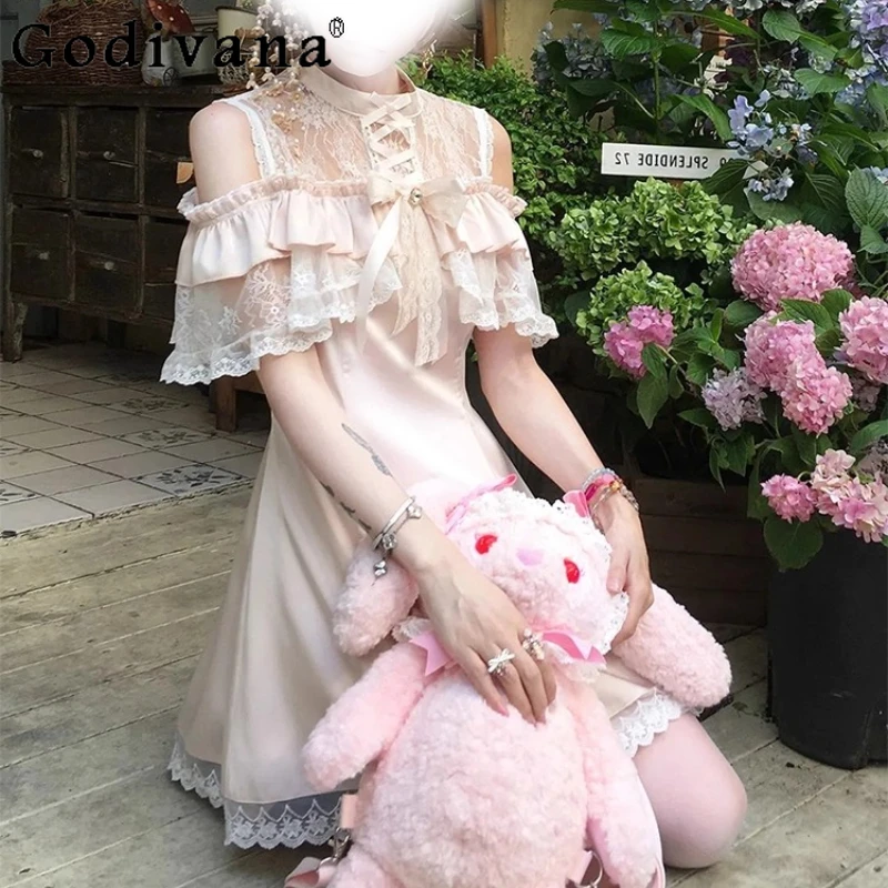 

Pink Lace Patchwork Dress for Women Summer 2025 New High Waist-Cinching Short Dress Female Short Sleeve Slimming Dress