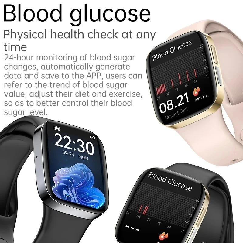 Medidor de glicose no sangue multilíngue relógio inteligente comunicação bluetooth pressão arterial medição de oxigênio no sangue saúde