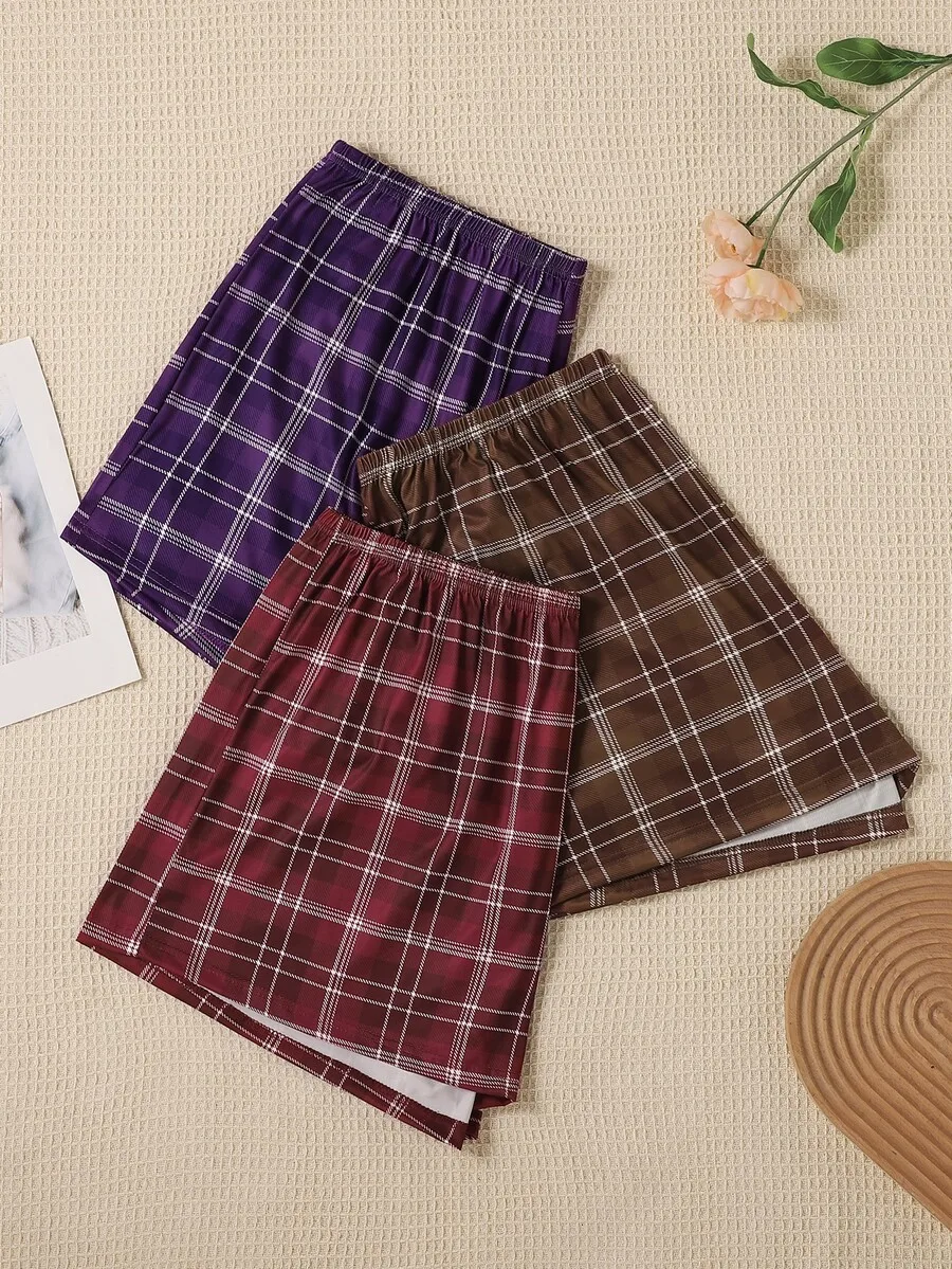 3pcs Set Women Plaid Sleep Shorts Loose Comfortable Pajama Bottoms Spring Summer