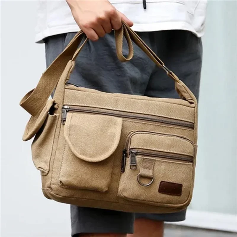 Bolso de hombro de lona para hombre, bandolera multicapa de gran capacidad, informal, de viaje para estudiantes