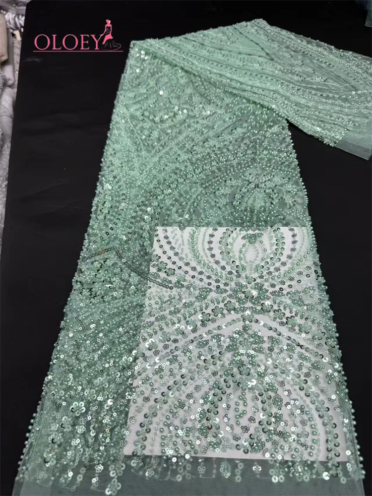 

OLOEY African Beaded Lace Fabric 2026 High Quality French Sequins Lace Fabric Wedding Nigerian Lace Fabrics Sewing 5 Yards