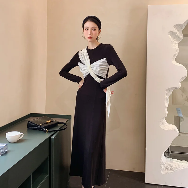 2023 Spring and Summer  Black Knitted Dress New Chinese Style Tea Break French Style Chic Unique Bow FemaleTemperament Dress