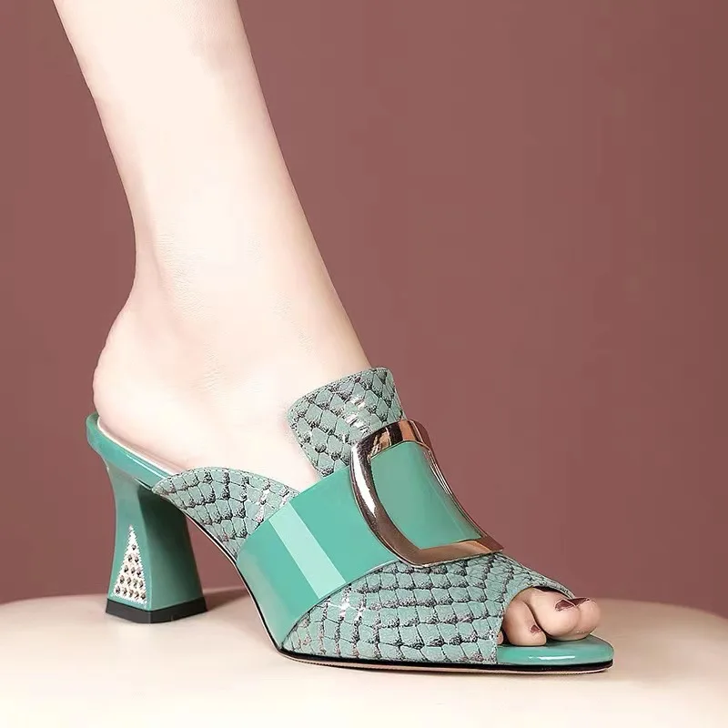 Open-toe Sandals Women Elegant Woman High Heel Shoes Summer Fashion Comfort Thick Middle Heels Slippers Metal Decoration