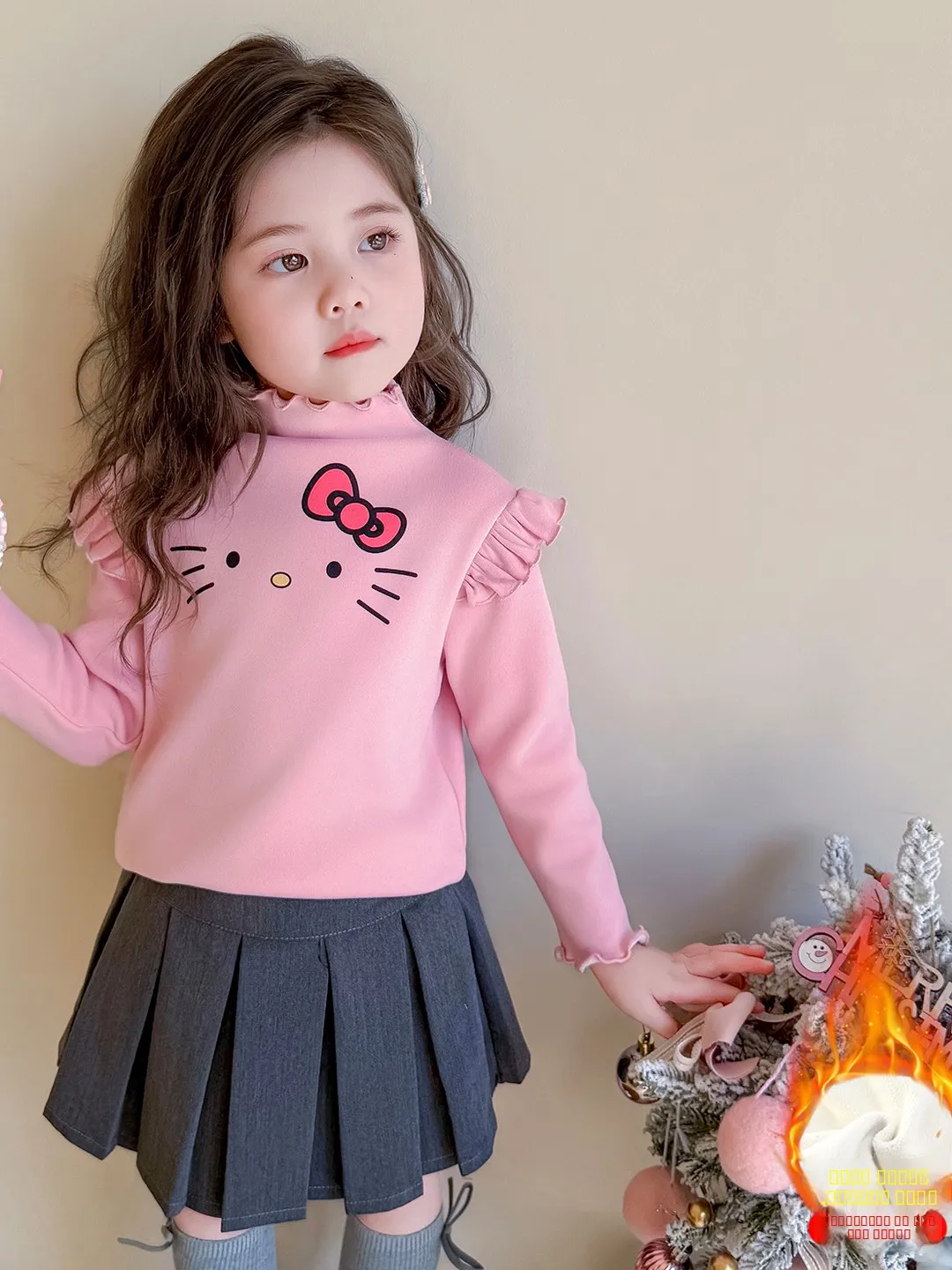 

Girls' Printed Ear T-irt Fce Lined f High Collar Base Layer Top Autumn Winter Sle Sweet Straight Cut Long Sve