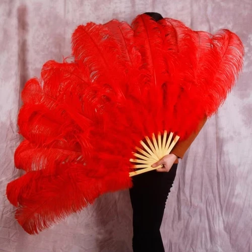 Imagen 1 del producto Abanicos de plumas de avestruz grandes rojos, abanico de mano plegable esponjoso para actuación de baile, varios estilos, accesorios de fiesta, espectáculo de escenario