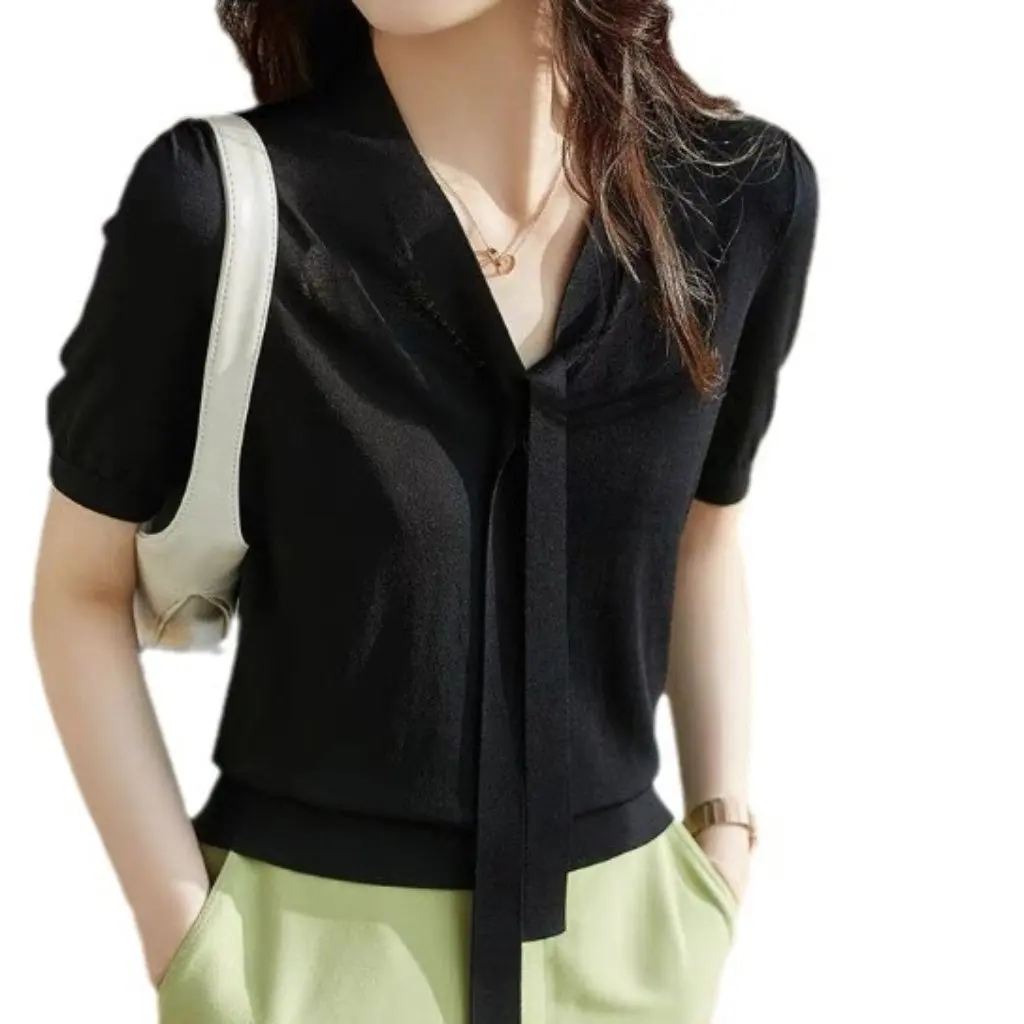 

Женская футболка с короткими рукавами, белый свитер из искусственного шелка с кружевным бантом, летний модный топ, уменьшающий возраст