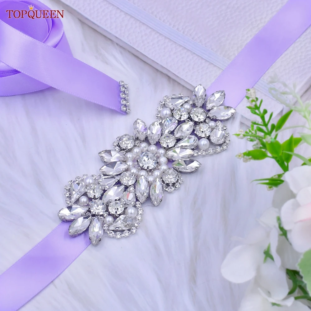 TOPQUEEN-cinturones de novia S86 para mujer, brillantes vestidos de novia de fiesta, perlas plateadas, diamantes de imitación, joyas brillantes,