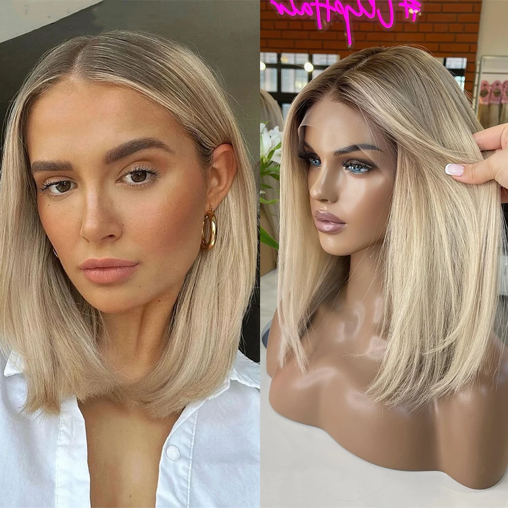 

Короткий парик-боб с светло-русыми прядями и темными корнями, синтетический, прямой, с кружевной передней частью, для женщин, 13x4, термостойкое волокно