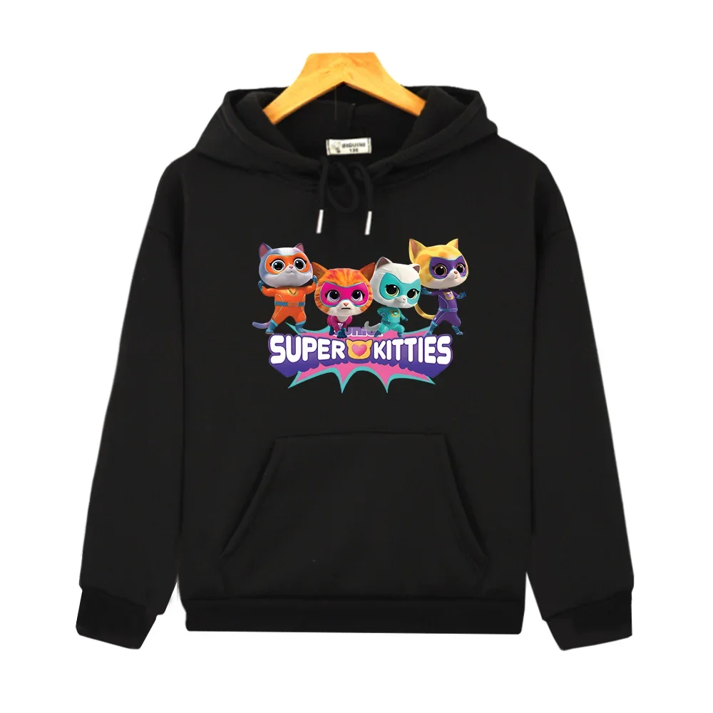 Superkitties bonito crianças hoodies casuais crianças moletom de manga longa com capuz meninos meninas roupas kawaii impressão gráfica topos