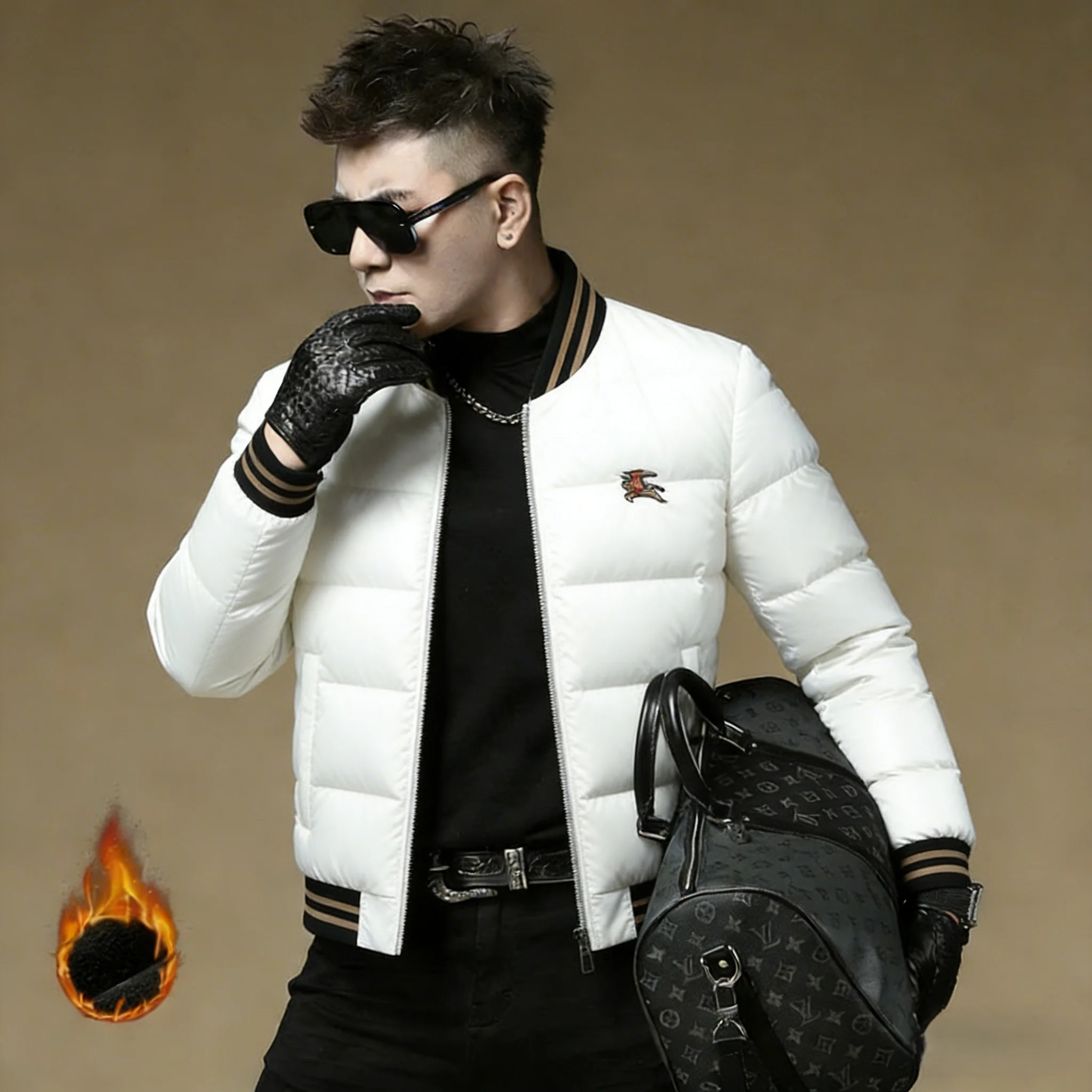 

American High Street Sle ort Stand Collar Embroidered Slim Fit Lightweight Warm Winter Jaet for Men Breathable Fce L...